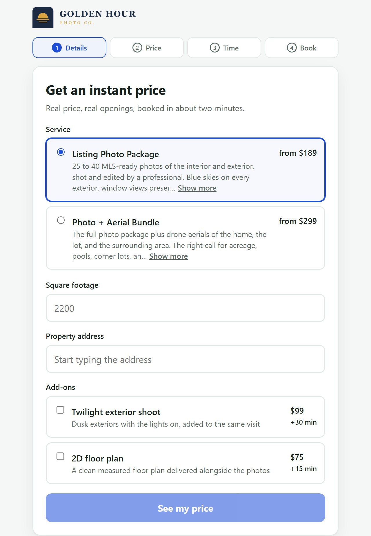 The ShootScheduler booking widget set up for a listing photography company, offering a photo package and a photo and aerial bundle with instant prices by square footage