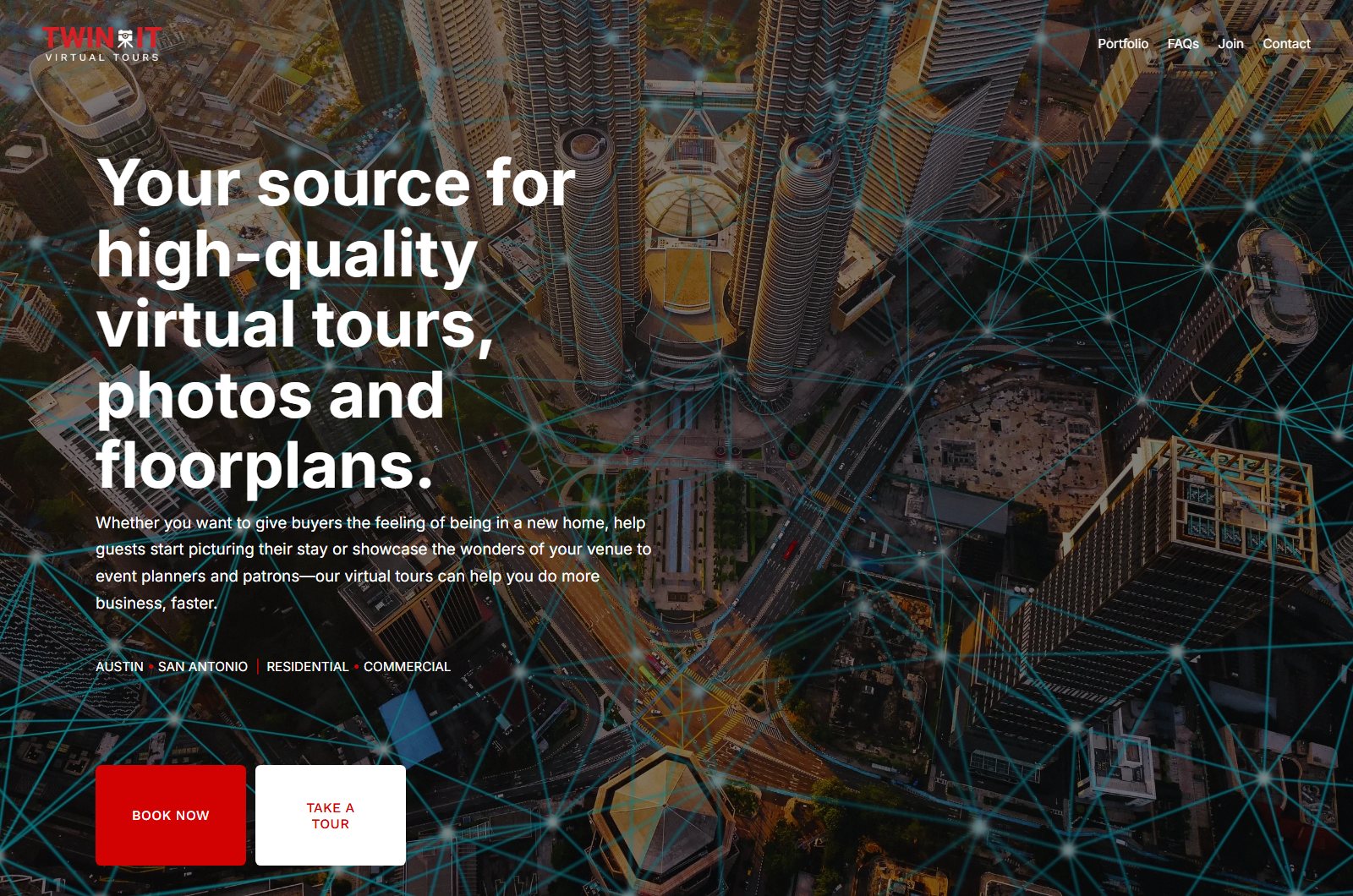 The TWIN IT Virtual Tours website, an example build, showing its full-screen hero, navigation, and Book Now button